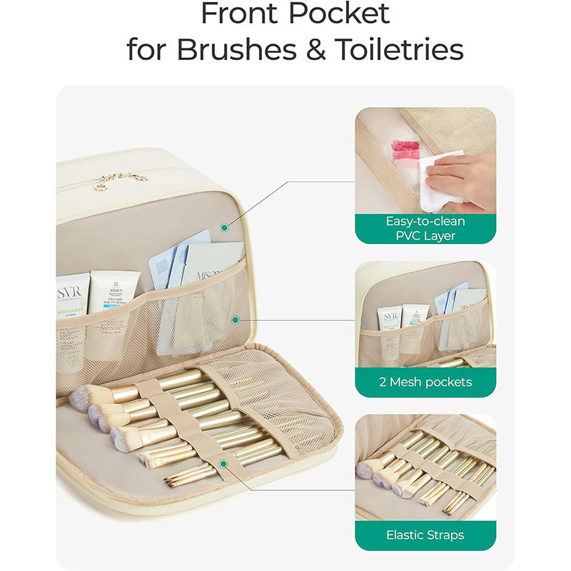 Pink Large Capacity Travel Toiletry Bag with Wide Opening - Puffy Nylon Makeup Organizer with Waterproof PVC Layer