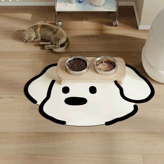 2 Pcs Style 1 White And Black Puppy pattern Cartoon Pet Feeding Mat for Cats & Dogs - Absorbent Diatom Mud Splash-Proof Mat, Easy to Clean