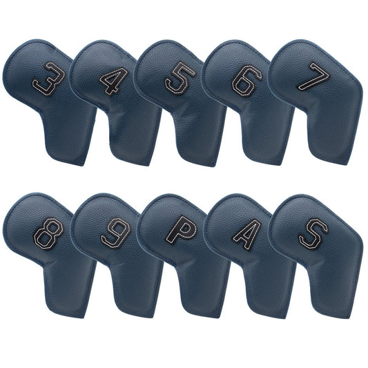 Dark Blue Golf Iron Head Covers Set of 10 - Waterproof PU Leather Club Protectors with Embroidered Numbers (3-9, P, A, S)