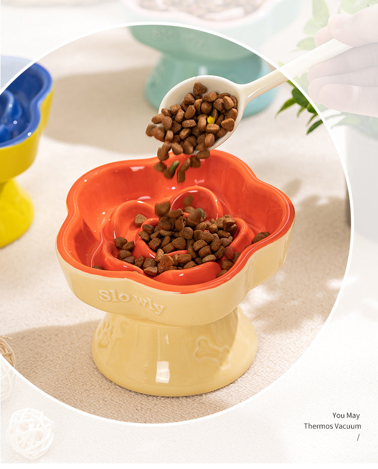 Green and Brown Ceramic Slow Feeder Pet Bowl for Cats and Small Dogs - Anti-Choke Elevated Design with 15-Degree Tilted Rim