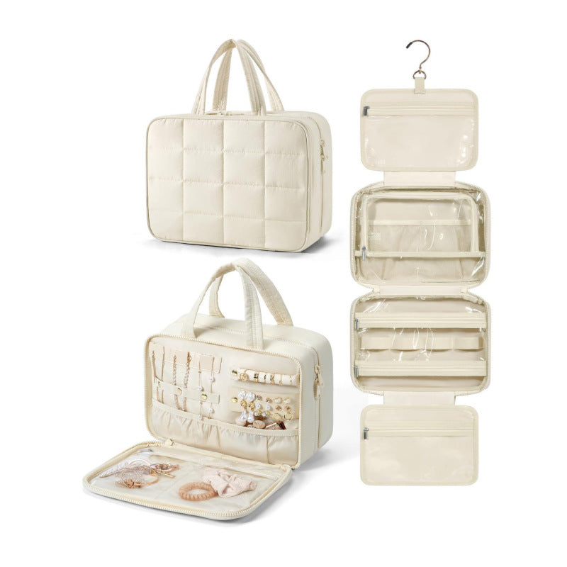 Size L Beige Quilted Hanging Toiletry Bag with Jewelry Organizer - Travel Cosmetic Case(31*12*23)