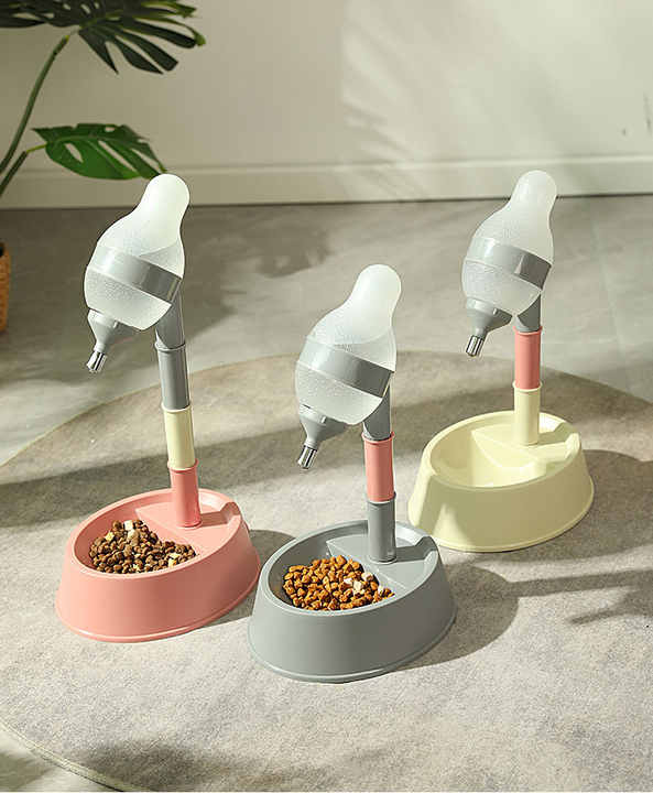 Grey Base Adjustable Height Pet Water Dispenser with Food Bowl Base - Non-Drip Bottle Feeder Station for Dogs & Cats