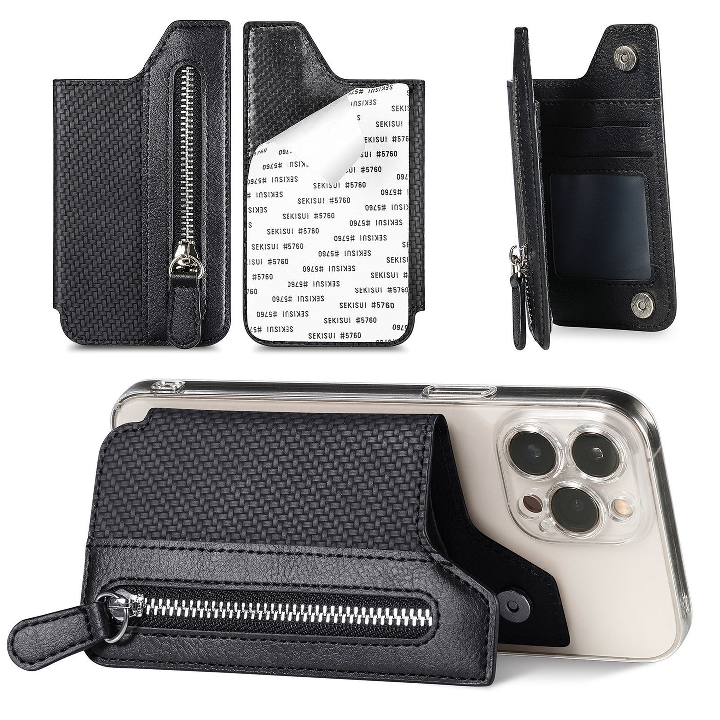 2 Pcs Black Multifunction Stick-On Phone Wallet - PU Leather Card Holder with Zipper & Flip Cover