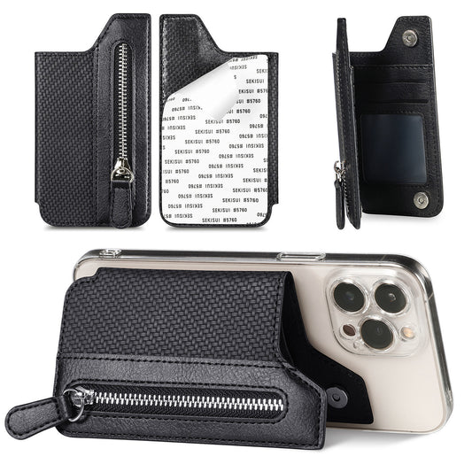 2 Pcs Black Multifunction Stick-On Phone Wallet - PU Leather Card Holder with Zipper & Flip Cover
