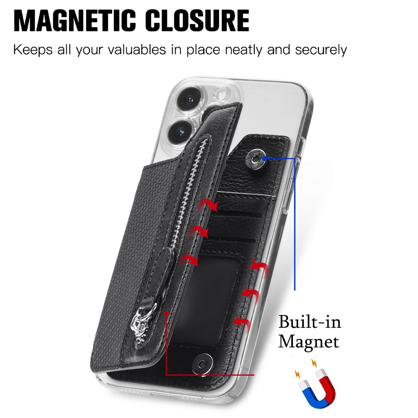2 Pcs Black Multifunction Stick-On Phone Wallet - PU Leather Card Holder with Zipper & Flip Cover