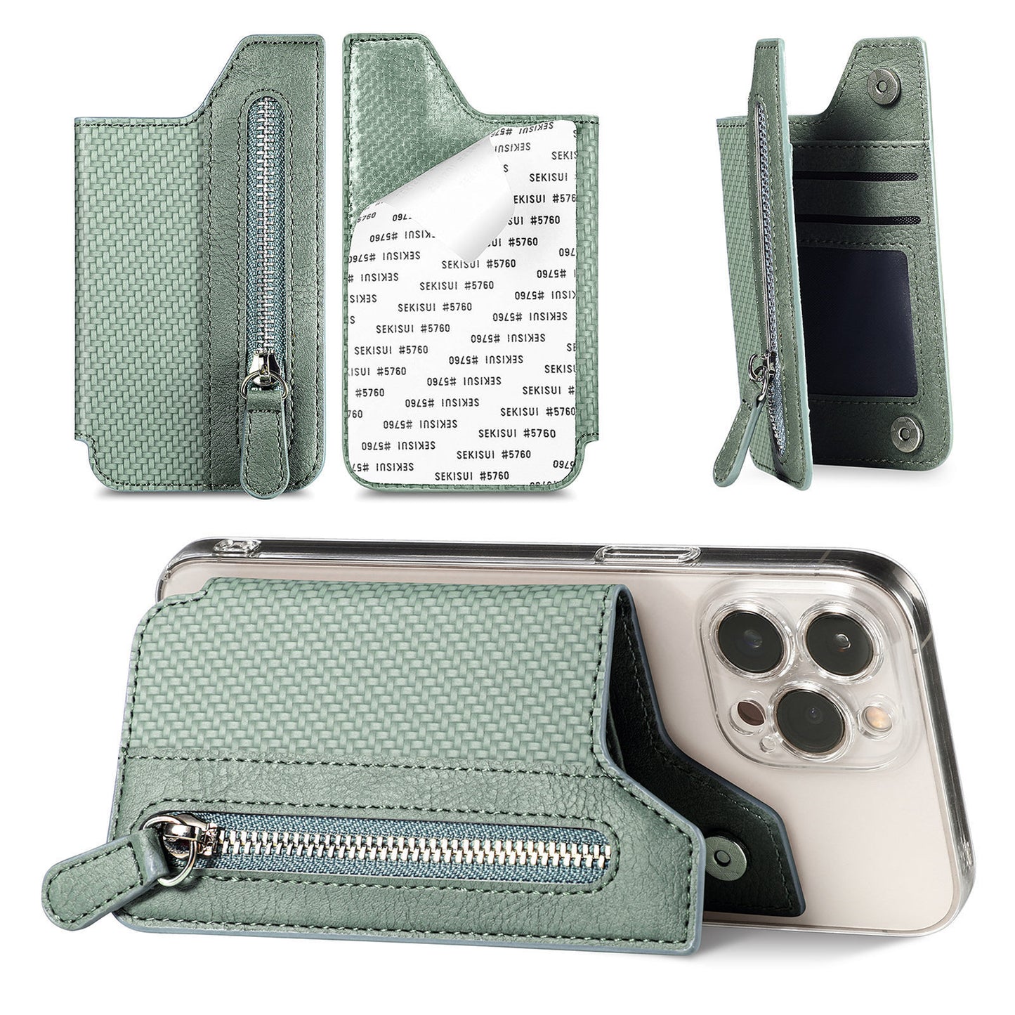 2 Pcs Green Multifunction Stick-On Phone Wallet - PU Leather Card Holder with Zipper & Flip Cover