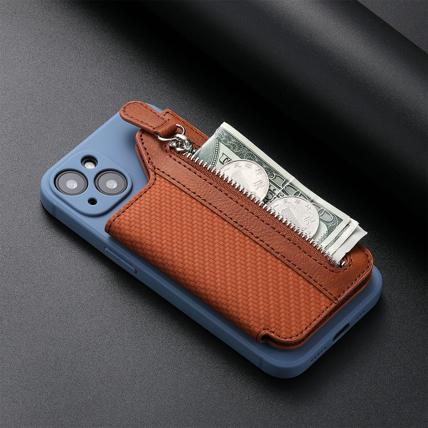 2 Pcs Khaki Multifunction Stick-On Phone Wallet - PU Leather Card Holder with Zipper & Flip Cover