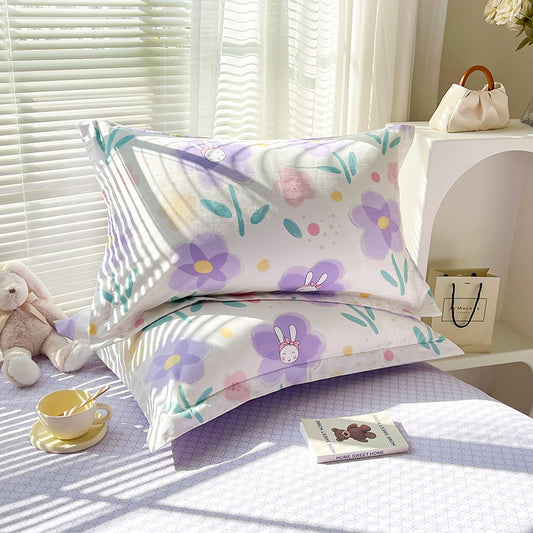 Purple Flower 100% Cotton Pillowcase Set (Pack of 2) - Breathable Standard Size 48x74cm Pure Cotton Pillow Covers