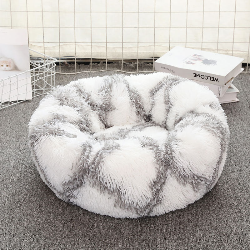 Grey-white 50cm Cozy Round Pet Bed - Plush Cat & Dog Bed with Non-Slip Base, Machine Washable