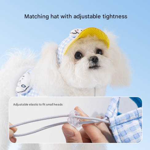 M Blue Pet Sun Hat with Adjustable Strap + Leash & Harness 3-Piece Set - Breathable Summer Cap for Dogs & Cats with Ear Holes