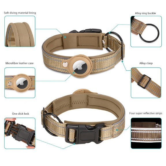 XL Black Secure Nylon Dog Collar with Built-in Apple AirTag (not included) Holder Case - Pet Tracker Accessory