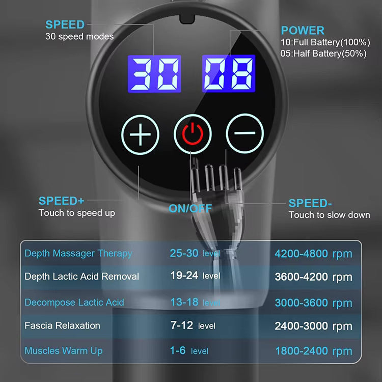 Carbon Fiber Deep Tissue Percussion Massage Gun - 30 Speeds, 6 Heads, Type-C Charging