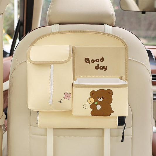 Car Seat Back Organizer with Practical design-Multi-Pocket Storage for Tissues and Gadgets-Cute bear(Beige)