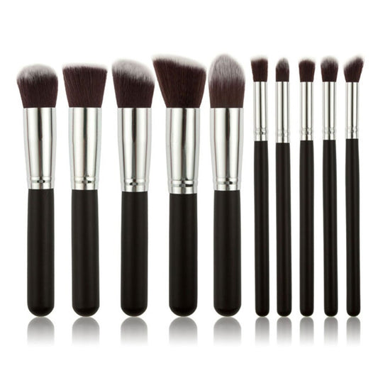 10-Piece Black silver Makeup Brush Set - Large and Small Brushes for Professional Beauty Application
