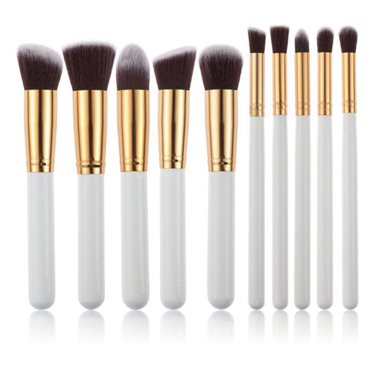 10-Piece White gold Makeup Brush Set - Large and Small Brushes for Professional Beauty Application