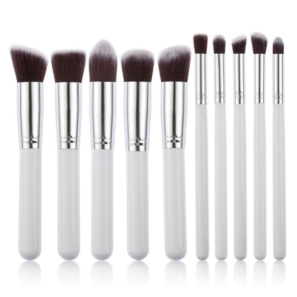 10-Piece White silver Makeup Brush Set - Large and Small Brushes for Professional Beauty Application