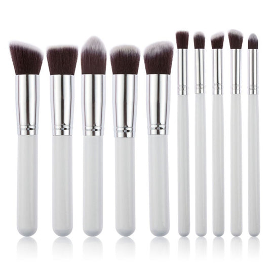 10-Piece White silver Makeup Brush Set - Large and Small Brushes for Professional Beauty Application