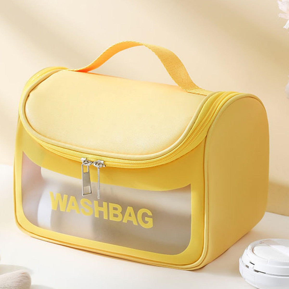 PVC Transparent Cosmetic Bag,Waterproof Portable Travel Organizer with Handle(Yellow)