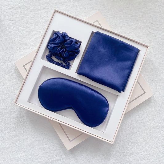 Luxury Satin Sleep Mask Gift Set,4-Piece with Pillowcase and Hair Accessories(Navy blue)