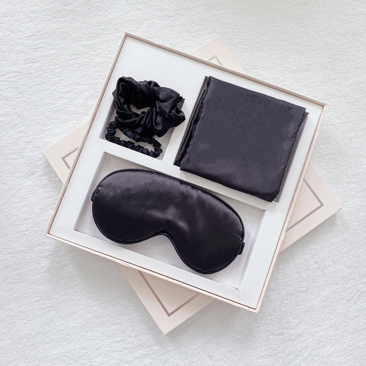 Luxury Satin Sleep Mask Gift Set,4-Piece with Pillowcase and Hair Accessories(Black)