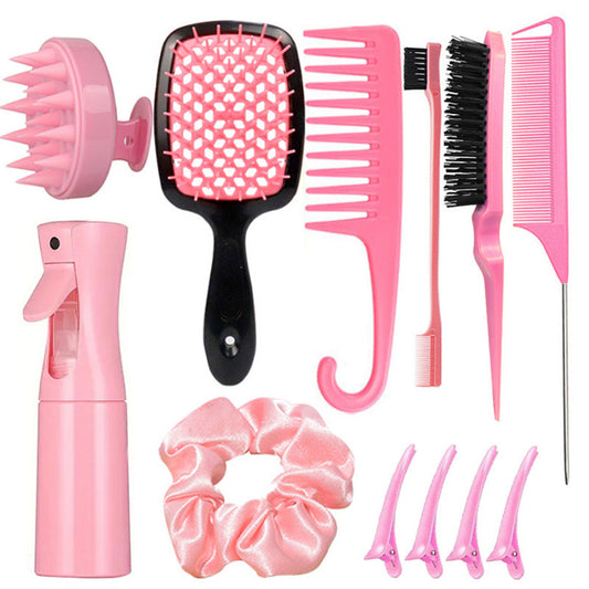 Complete Hair Styling Kit with Detangling Brushes, Combs, Spray Bottle, and Accessories(pink)