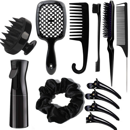 Complete Hair Styling Kit with Detangling Brushes, Combs, Spray Bottle, and Accessories(black)