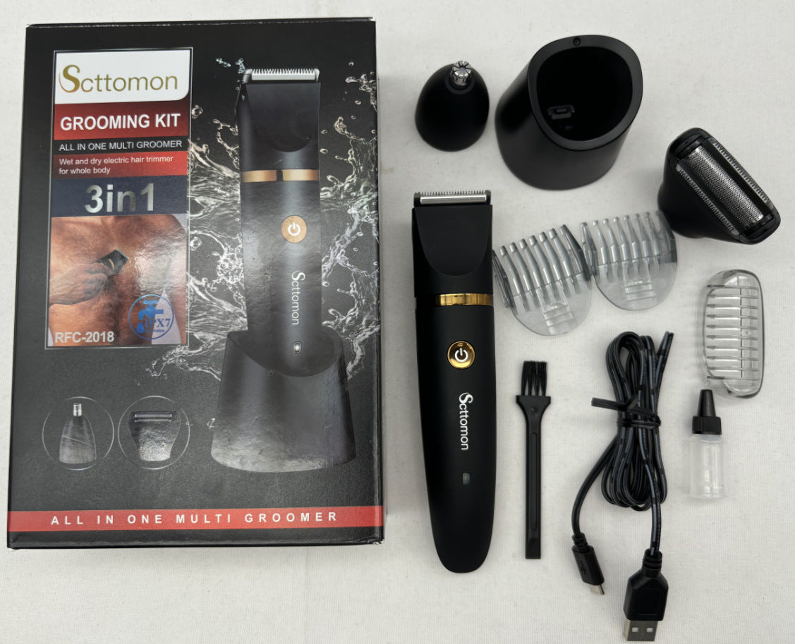 3-in-1 Men's Electric Body Groomer & Hair Clipper Kit - Waterproof, USB-C Rechargeable with Charging Dock(black)