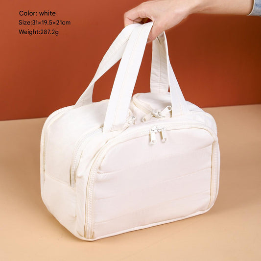 Portable Multi-Compartment Travel Toiletry & Makeup Organizer Bag with Brush Holders(Beige)