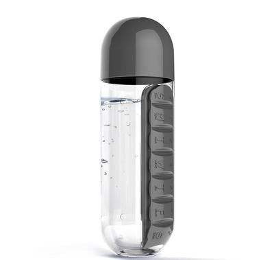 2pc 2-in-1 Water Bottle with 7-Day Pill Organizer - 600ml BPA-Free, Portable & Leakproof(black)