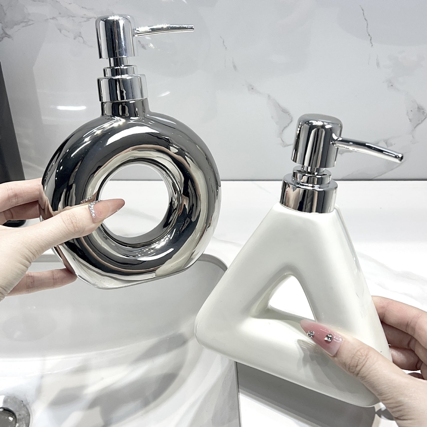 Modern Ceramic Soap & Lotion Dispenser - Unique Geometric Designs, 300ml Capacity(Donut lotion bottle, silver)