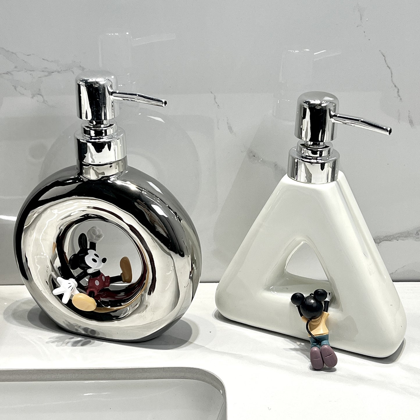 Modern Ceramic Soap & Lotion Dispenser - Unique Geometric Designs, 300ml Capacity(Donut lotion bottle, silver)