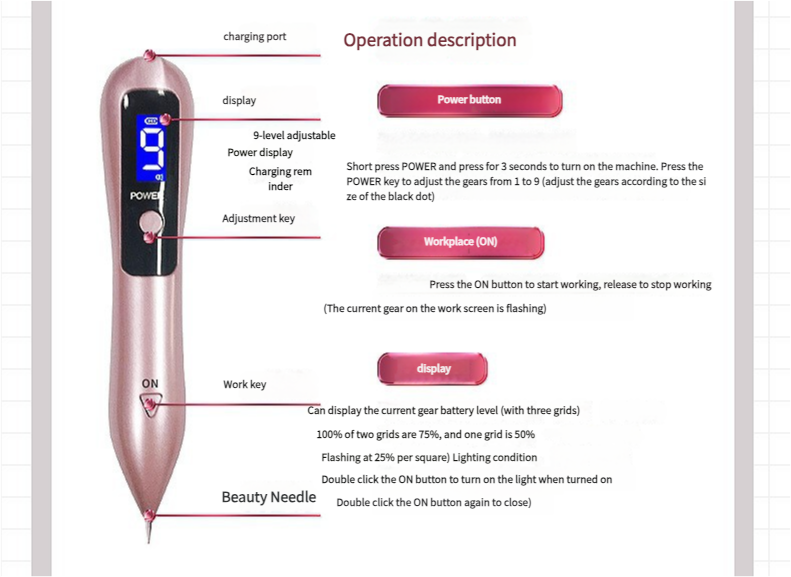 Professional 9-Level Skin Tag & Mole Remover Pen - USB Rechargeable with LED Display & Multiple Needles(pink)