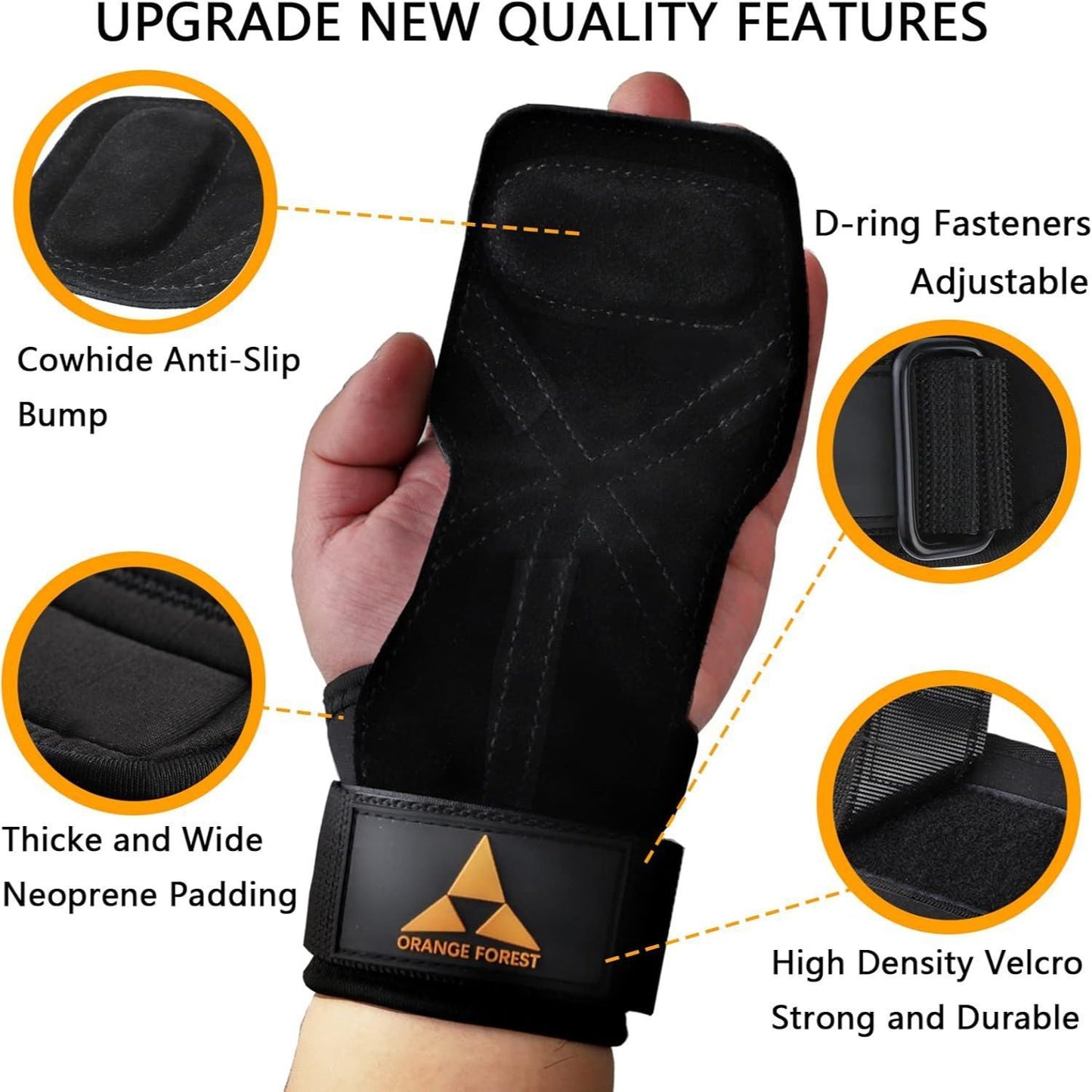 Heavy Duty Weightlifting Grips - Anti-Slip Cowhide Palm Protectors with Neoprene Wrist Support & Adjustable Straps(Brown)