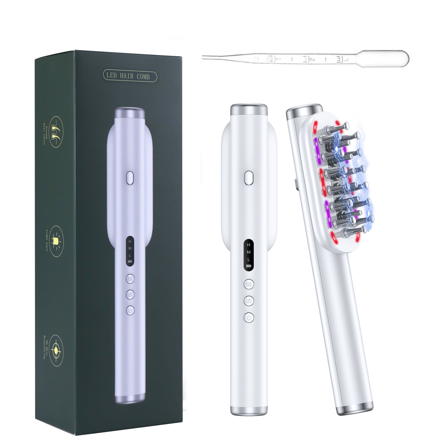 White Vibrating Scalp Massager Comb - LED Therapy & Oil Infuser for Hair Growth