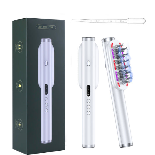 White Vibrating Scalp Massager Comb - LED Therapy & Oil Infuser for Hair Growth