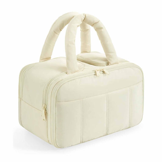 White Puffy Travel Wash Bag with Wide-Mouth Access and Wet-Dry Pockets