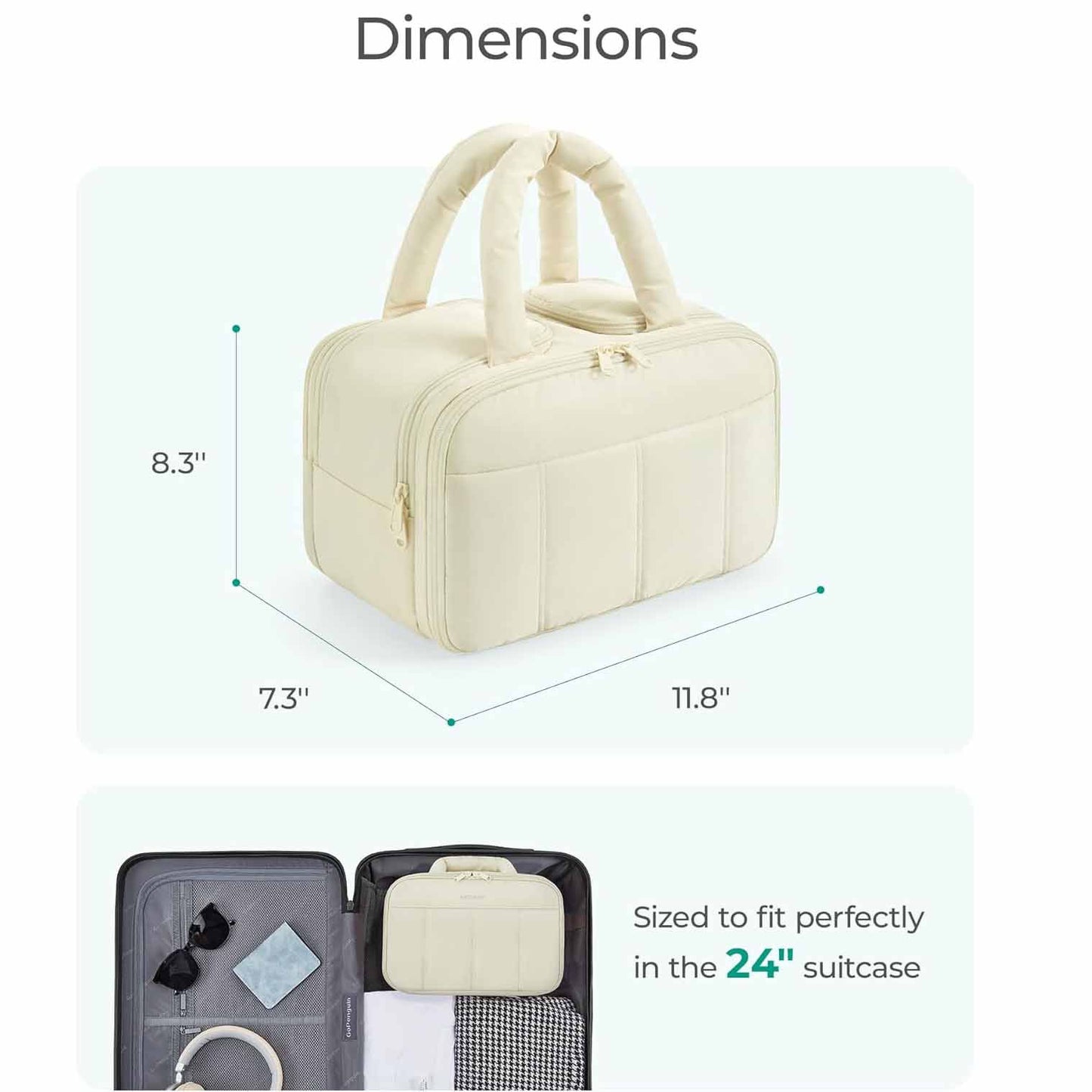 White Puffy Travel Wash Bag with Wide-Mouth Access and Wet-Dry Pockets