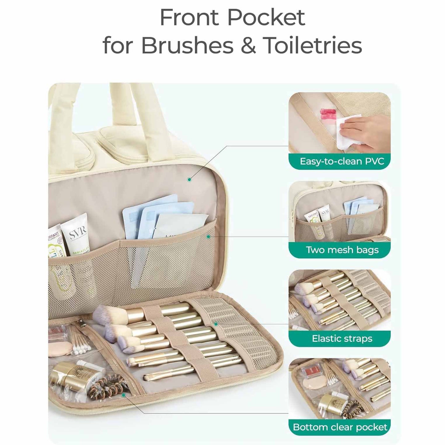 White Puffy Travel Wash Bag with Wide-Mouth Access and Wet-Dry Pockets