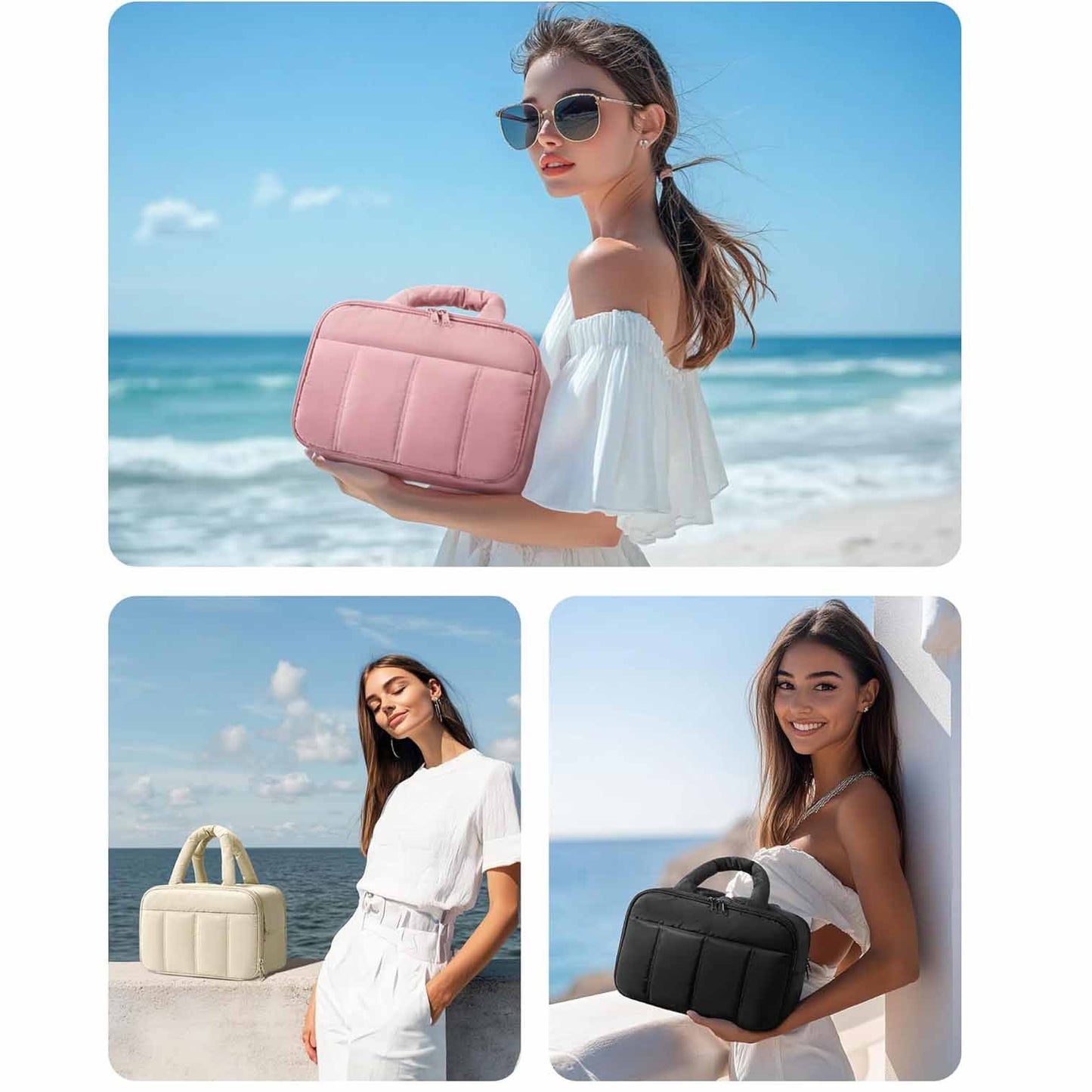 White Puffy Travel Wash Bag with Wide-Mouth Access and Wet-Dry Pockets