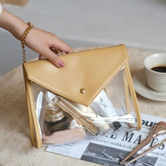 Yellow Chic Envelope Makeup Bag with Transparent Waterproof Design