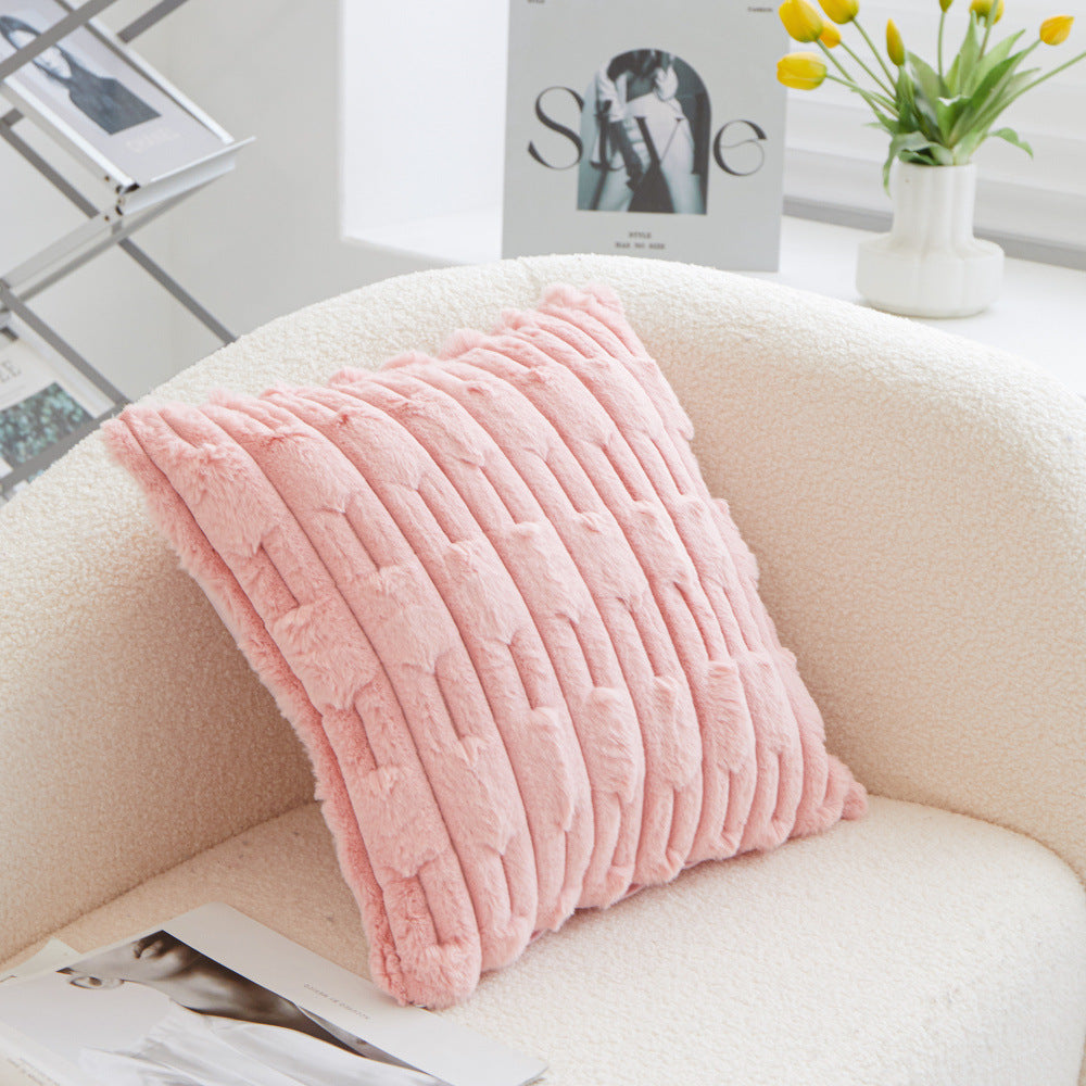 A pair of pink Plush Faux Rabbit Fur Throw Pillow Cover - Textured Wheat Ear Design (45x45cm)