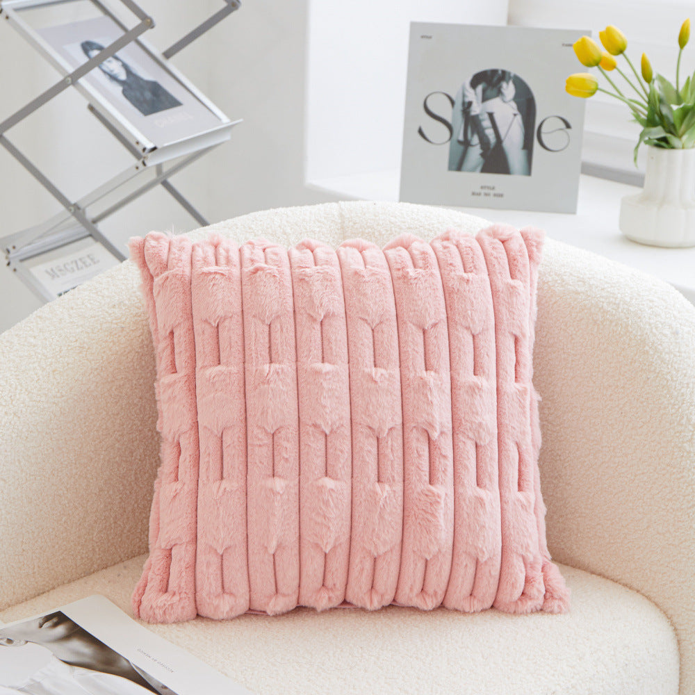 A pair of pink Plush Faux Rabbit Fur Throw Pillow Cover - Textured Wheat Ear Design (45x45cm)