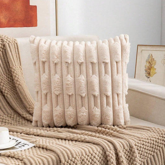 A pair of Khaki Plush Faux Rabbit Fur Throw Pillow Cover - Textured Wheat Ear Design (45x45cm)