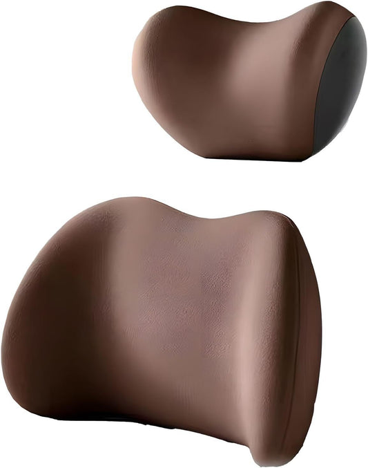 Brown Ergonomic Memory Foam Car Headrest & Lumbar Support Cushion Set - Driving Comfort Neck & Back Pillow