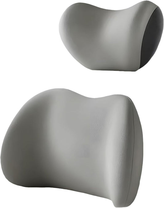 Grey Ergonomic Memory Foam Car Headrest & Lumbar Support Cushion Set - Driving Comfort Neck & Back Pillow