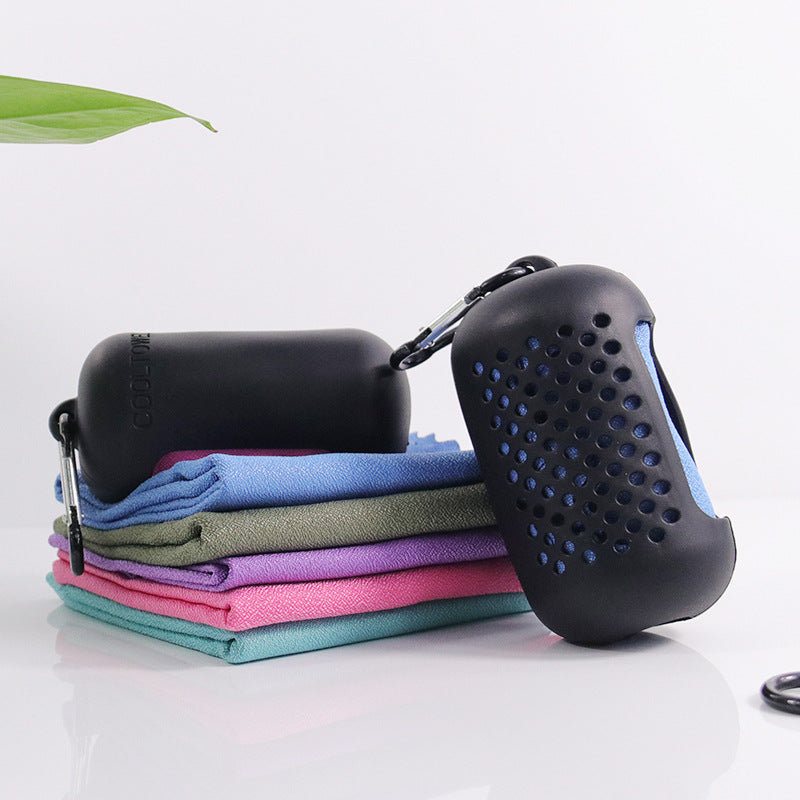 Dark Blue Quick Dry Cooling Towel Set (2 Pack) - Microfiber Sport Towels with Silicone Cases & Carabiners