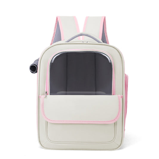 Beige And Pink Spacious Pet Carrier Backpack with Clear Window - Comfortable Travel Bag for Cats & Small Dogs