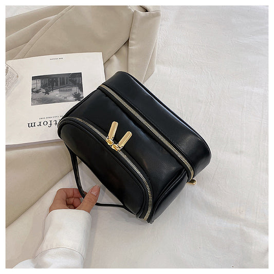 Black Large Capacity Double Layer PU Leather Makeup Bag - Portable Travel Cosmetic Organizer Case