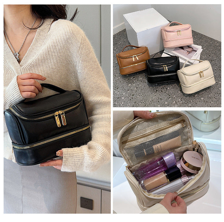 Black Large Capacity Double Layer PU Leather Makeup Bag - Portable Travel Cosmetic Organizer Case