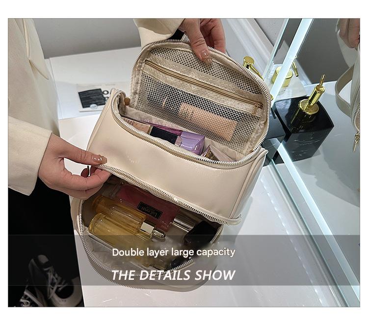Beige Large Capacity Double Layer PU Leather Makeup Bag - Portable Travel Cosmetic Organizer Case